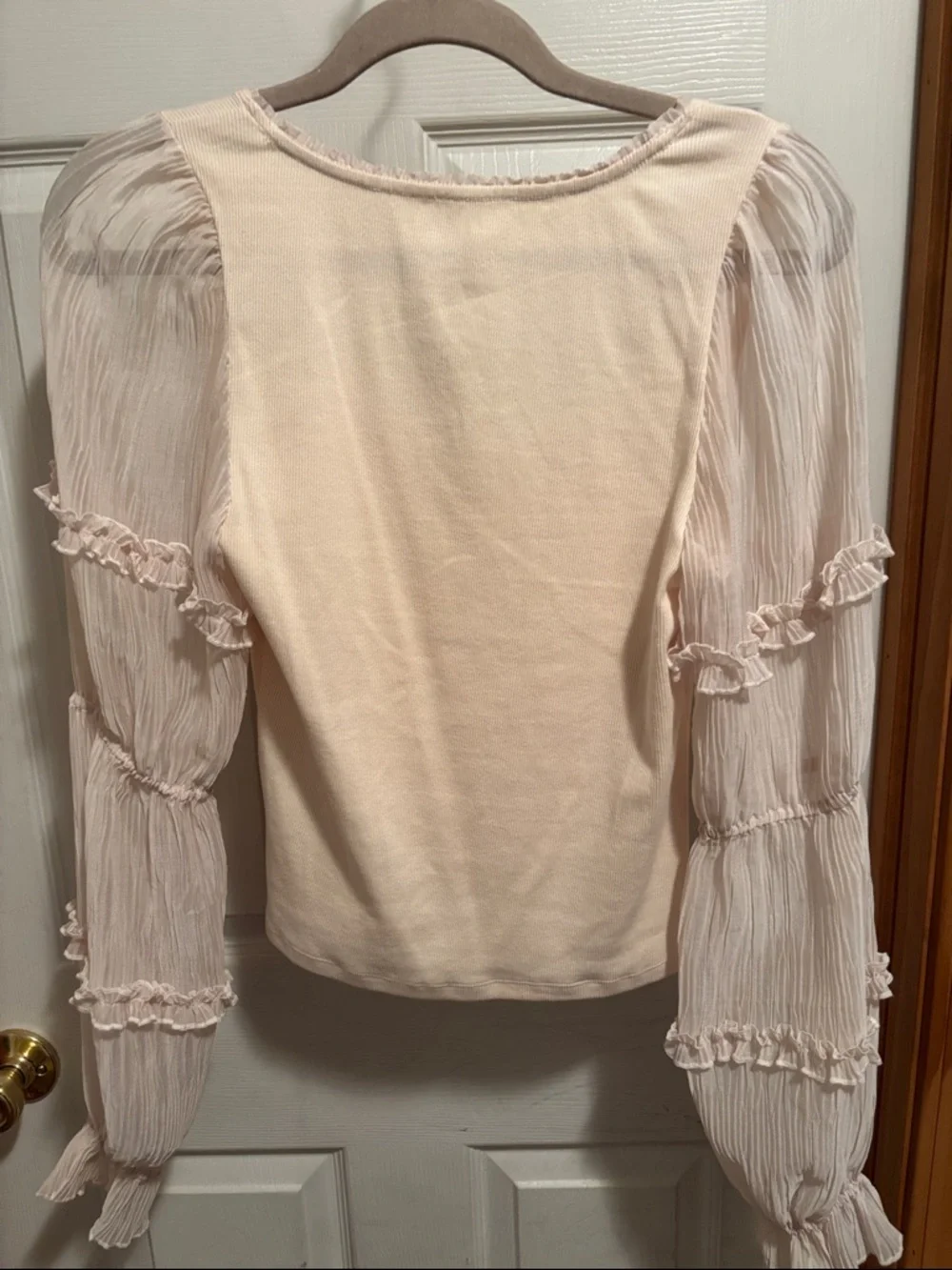Anthropologie Cream Sheer Pleated-Sleeve Scoop Top